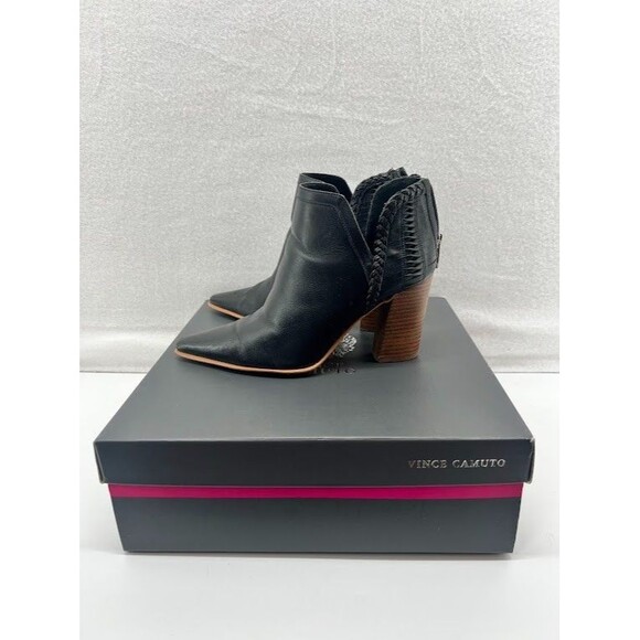 Vince Camuto Delsimba Black Pointed Toe Bootie Size 6.5 Wooden Heel - Picture 2 of 6